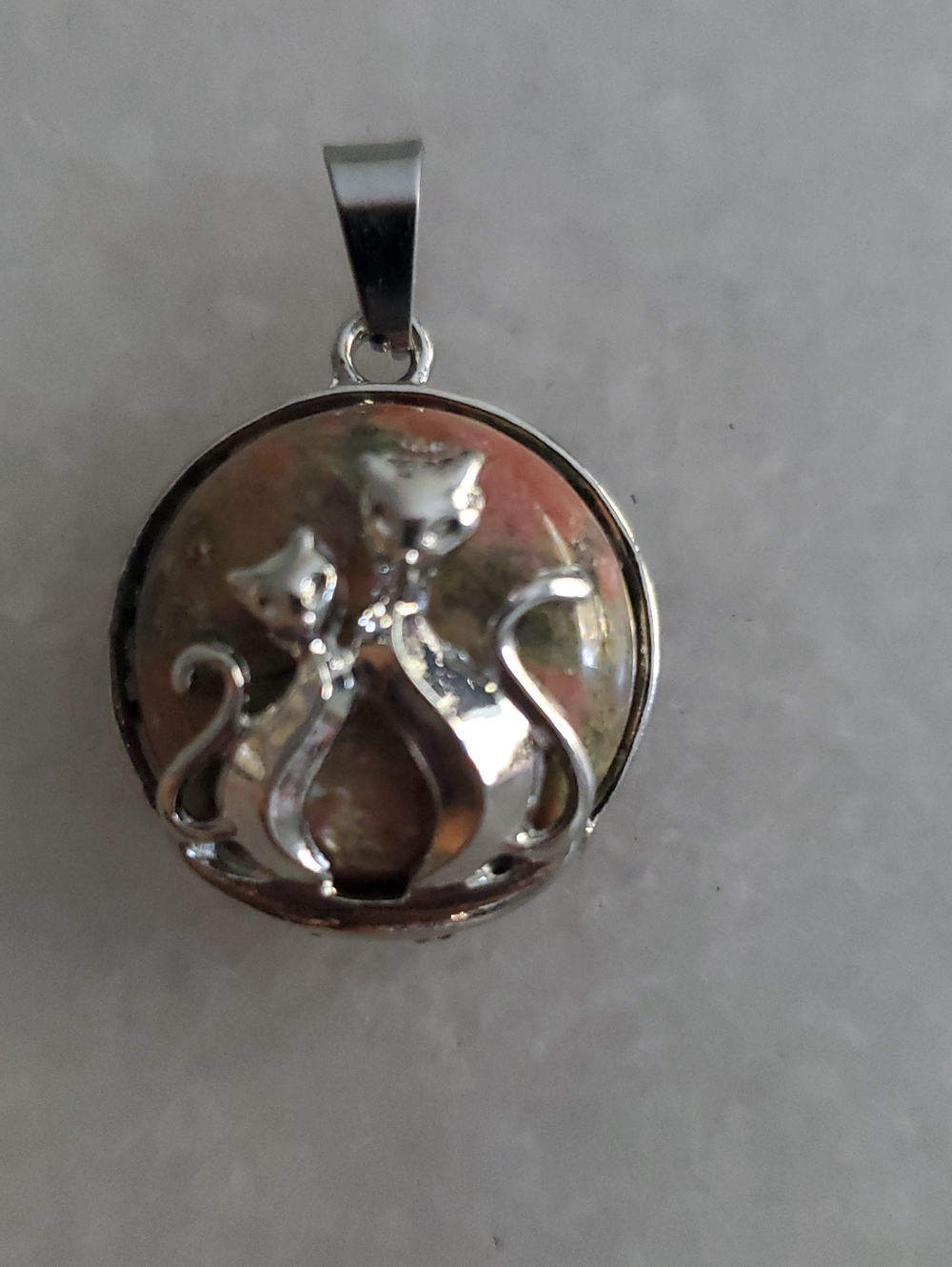 Silver Cat Couple Pendant Necklace - Pink Shell Accent